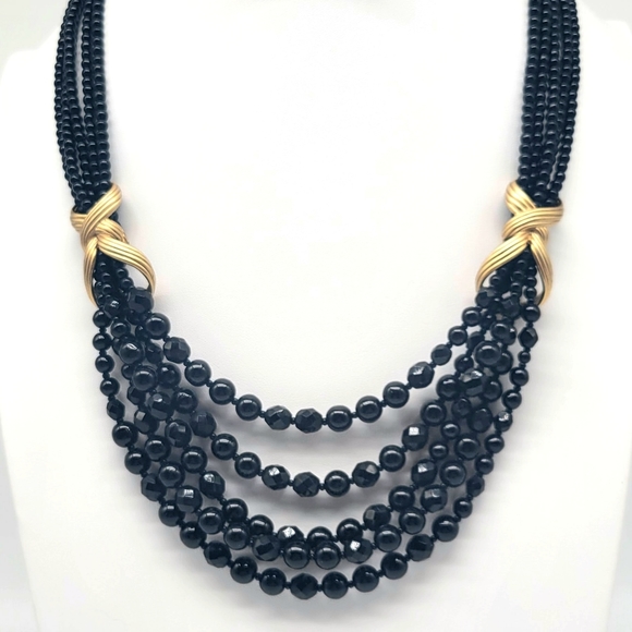 Oscar de la Renta Black Glass Bead Multistrand Layered Swag Necklace Gold Detail - Picture 3 of 13